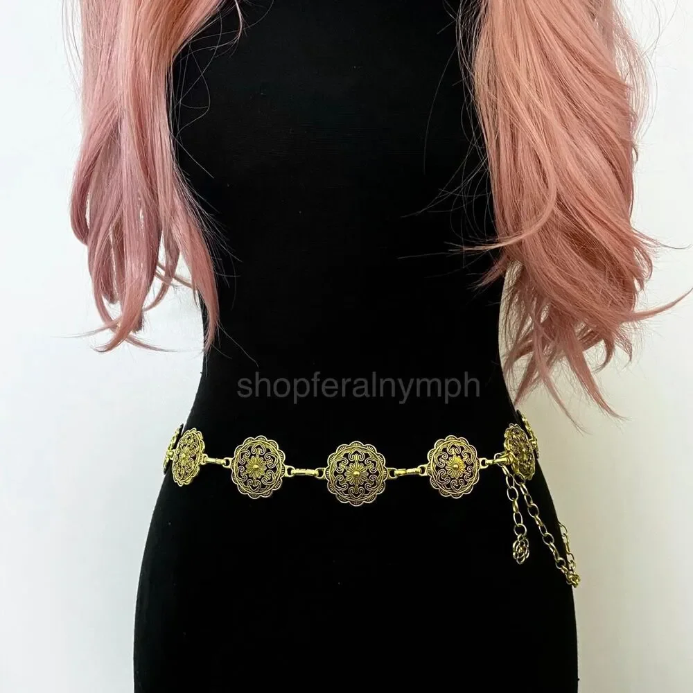 Gold Y2K Floral Mandala Boho Chain Belt, Fits 22.5-41.5 Inches, X7GA1281